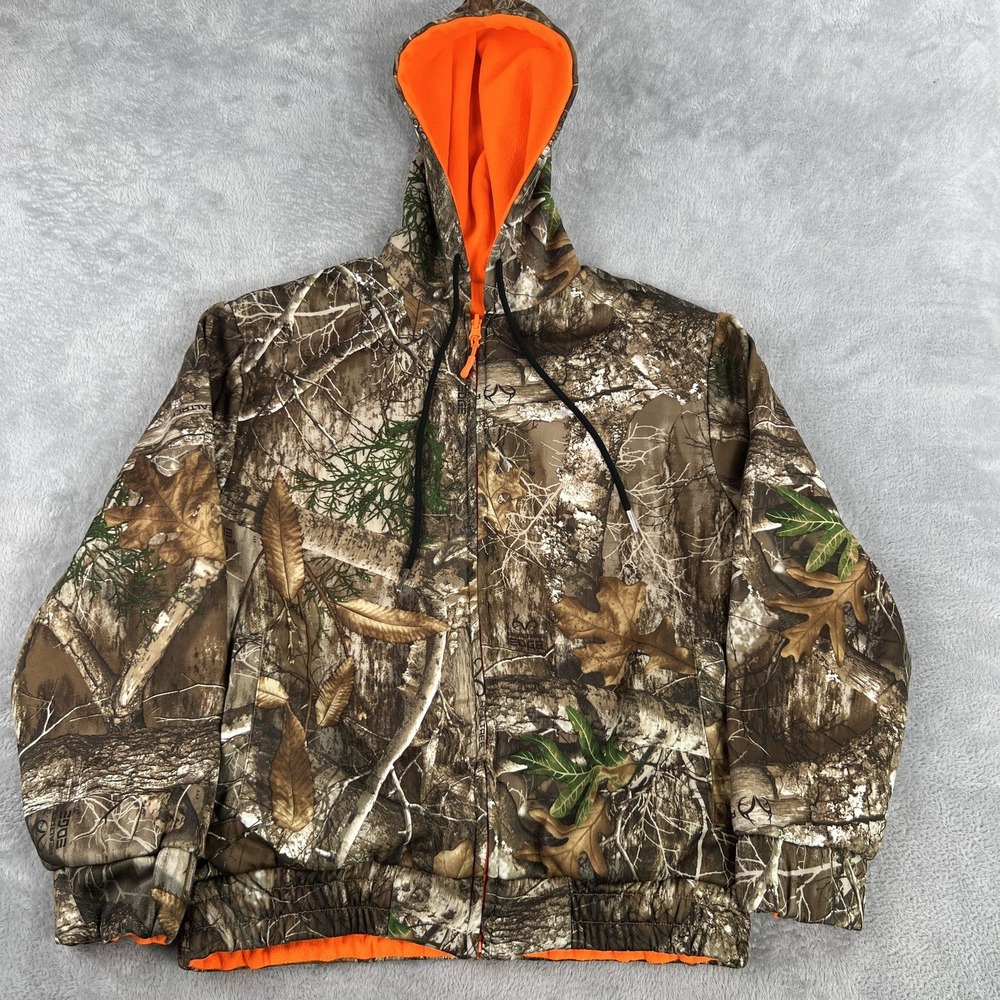 Realtree Edge Reversible Camo Fleece Hoodie Jacket M Blaze Orange Men Hunting
